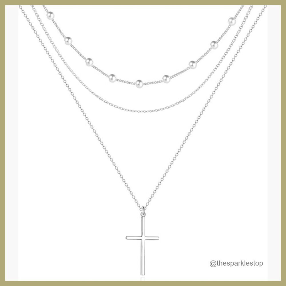 14K Gold Plated Pearl Necklace Set with Cross and Choker